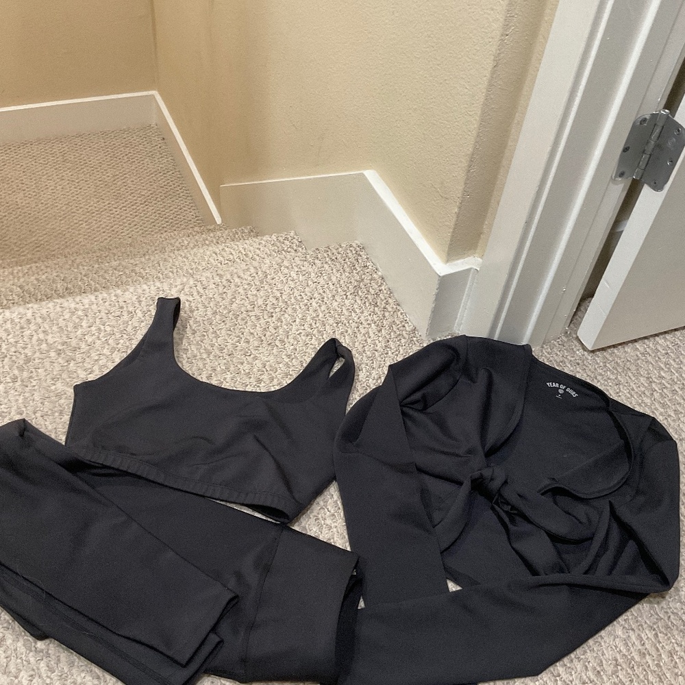 Recycled black bra top and high waisted pant with shrug